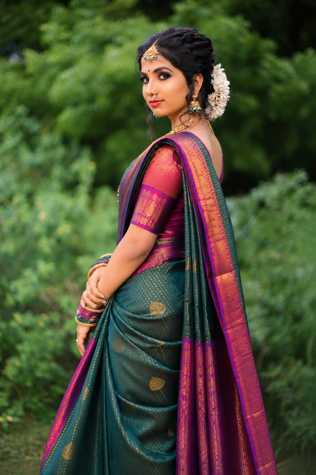 Premium Semi Silk Saree – Deep Teal Green with Magenta Purple