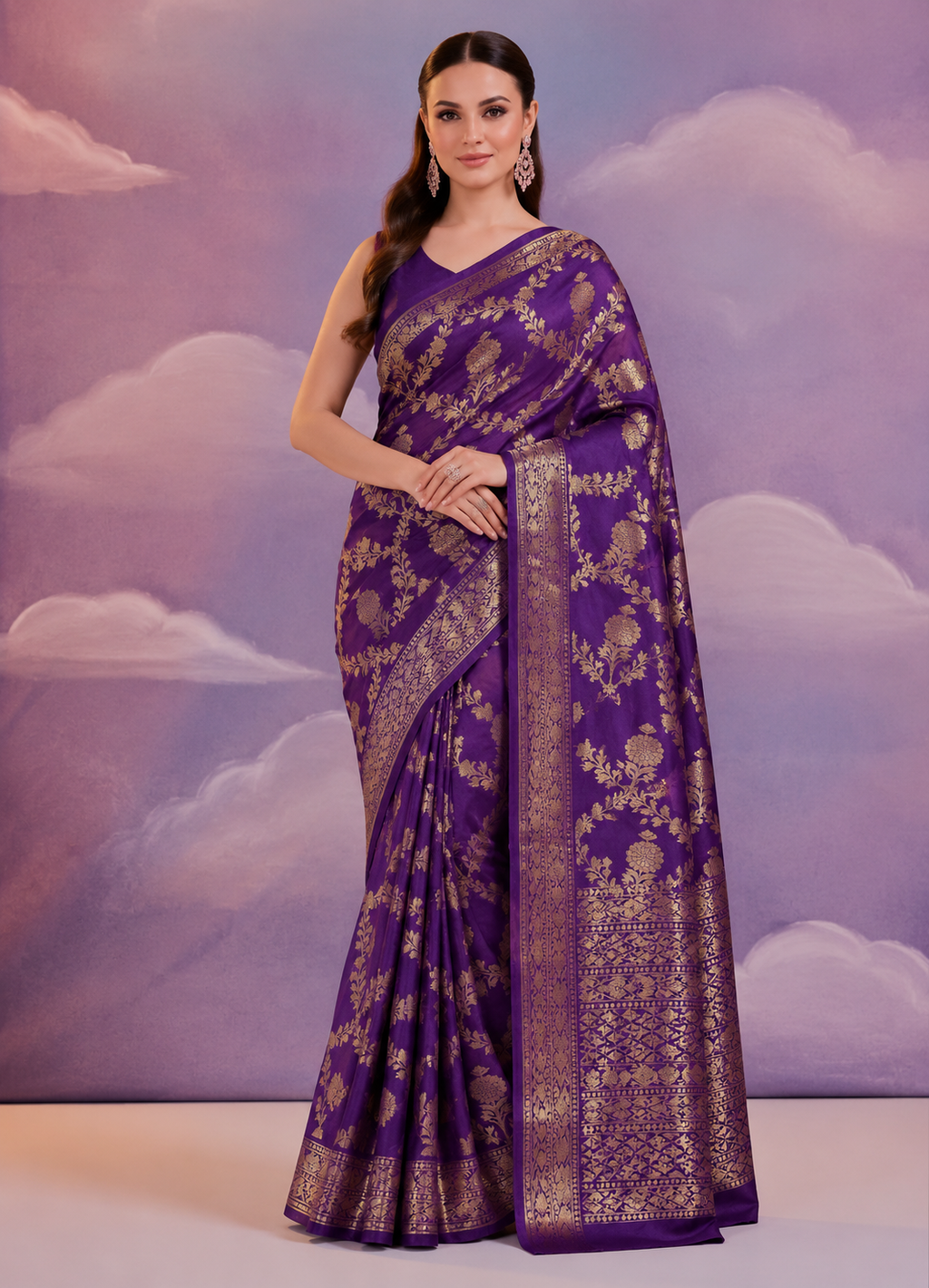 Premium Brocade Silk Saree – Royal Purple with Gold Floral Weaving