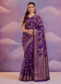 Premium Brocade Silk Saree – Royal Purple with Gold Floral Weaving