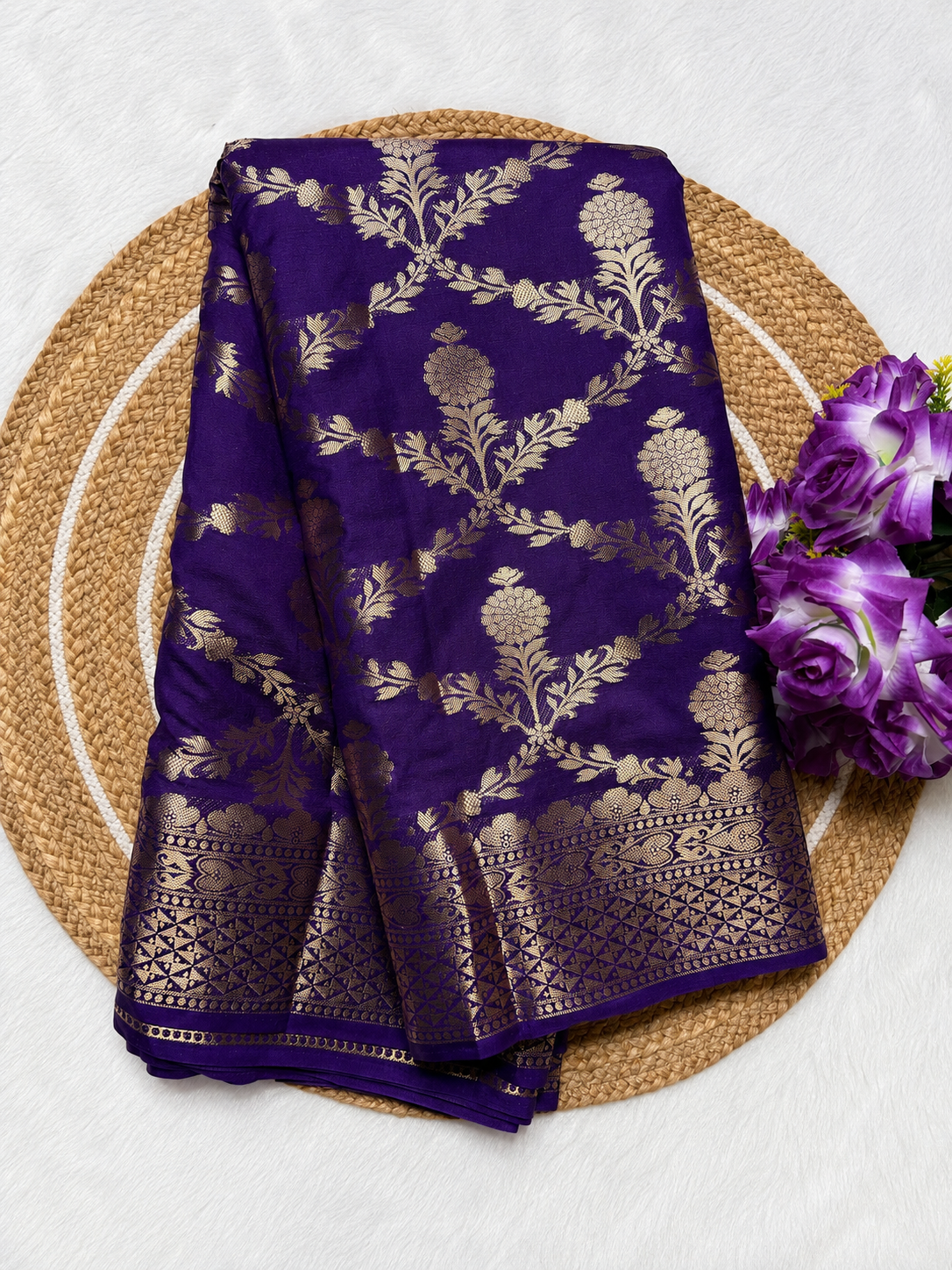 Premium Brocade Silk Saree – Royal Purple with Gold Floral Weaving