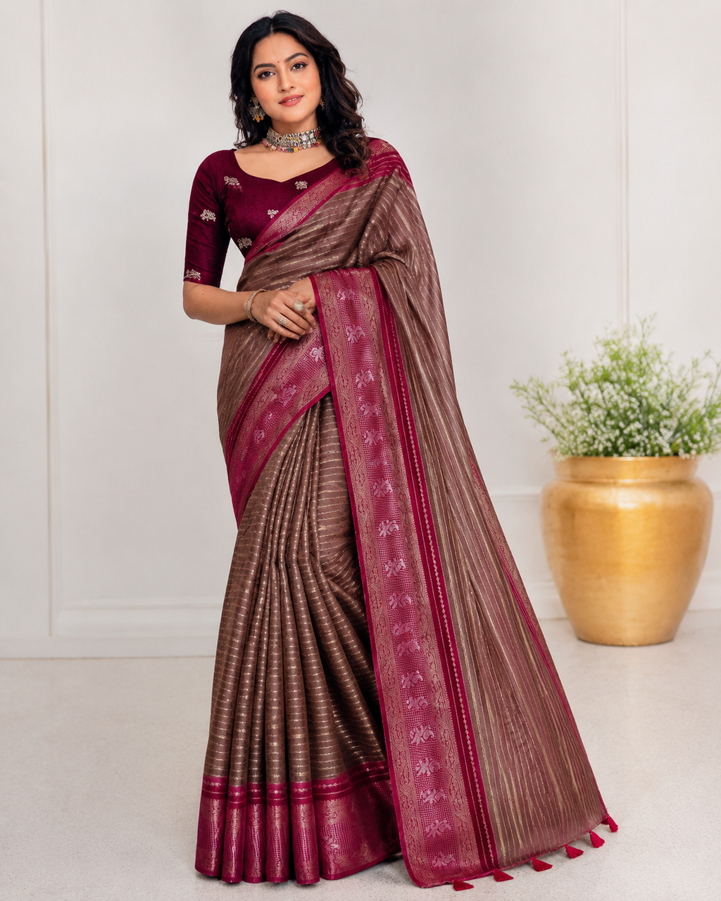 Banarasi Georgette Saree  Brown with Magenta Woven Border