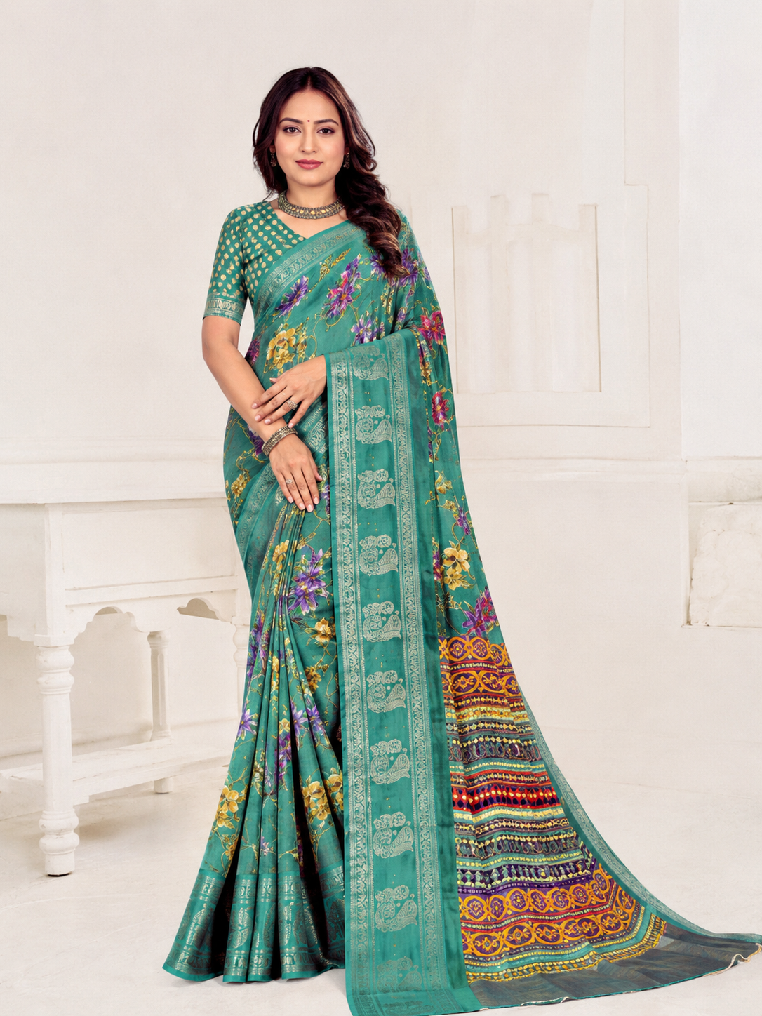 Floral Print Georgette Saree – Teal Green with Silver Woven Border
