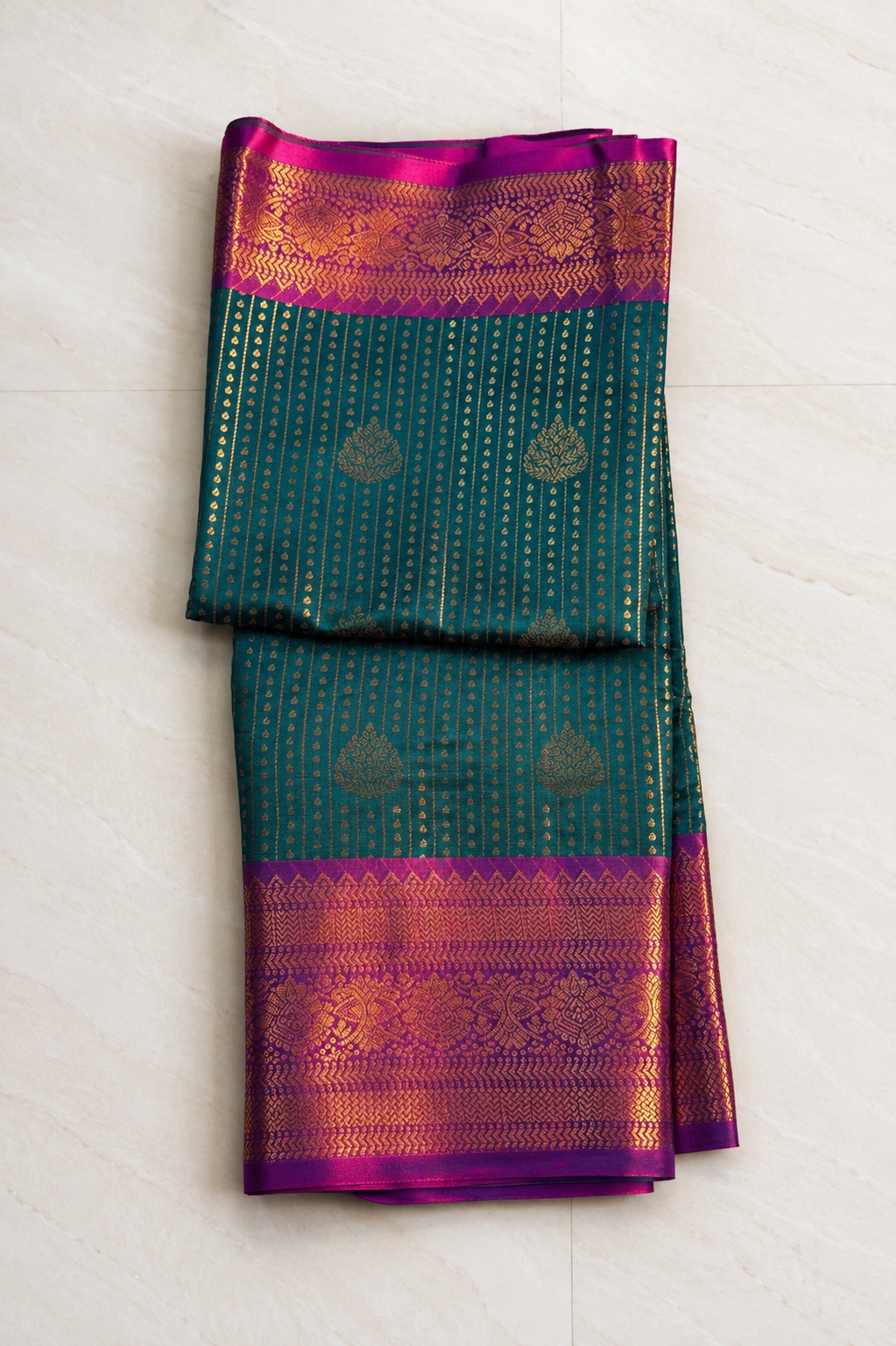 Premium Semi Silk Saree – Deep Teal Green with Magenta Purple