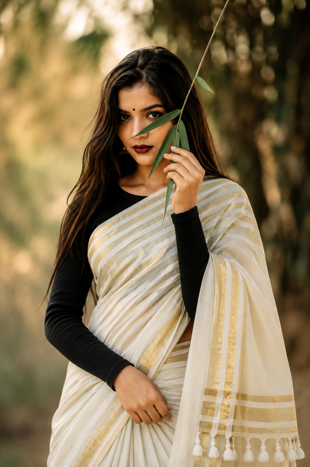 Ivory & Gold Onam Striped Mul Cotton Saree with Tassels