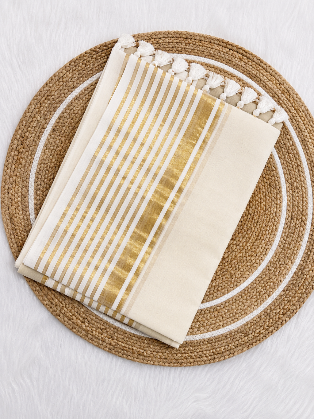 Ivory & Gold Onam Striped Mul Cotton Saree with Tassels