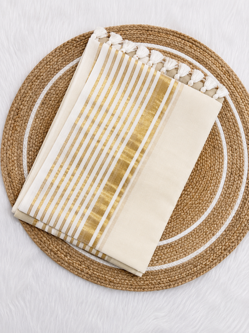 Ivory & Gold Onam Striped Mul Cotton Saree with Tassels