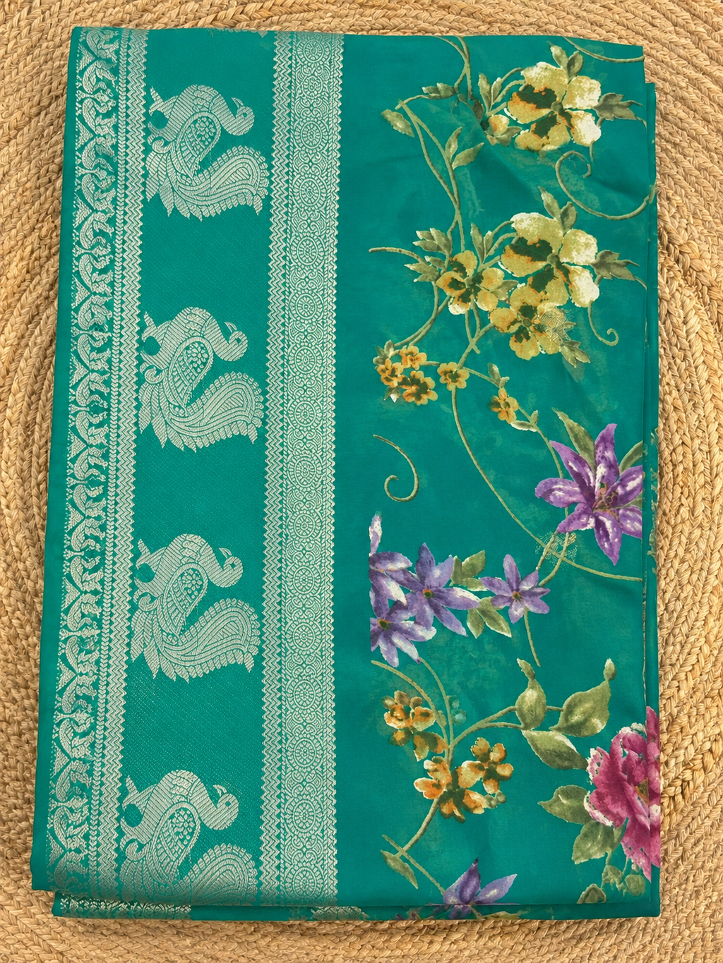 Floral Print Georgette Saree – Teal Green with Silver Woven Border