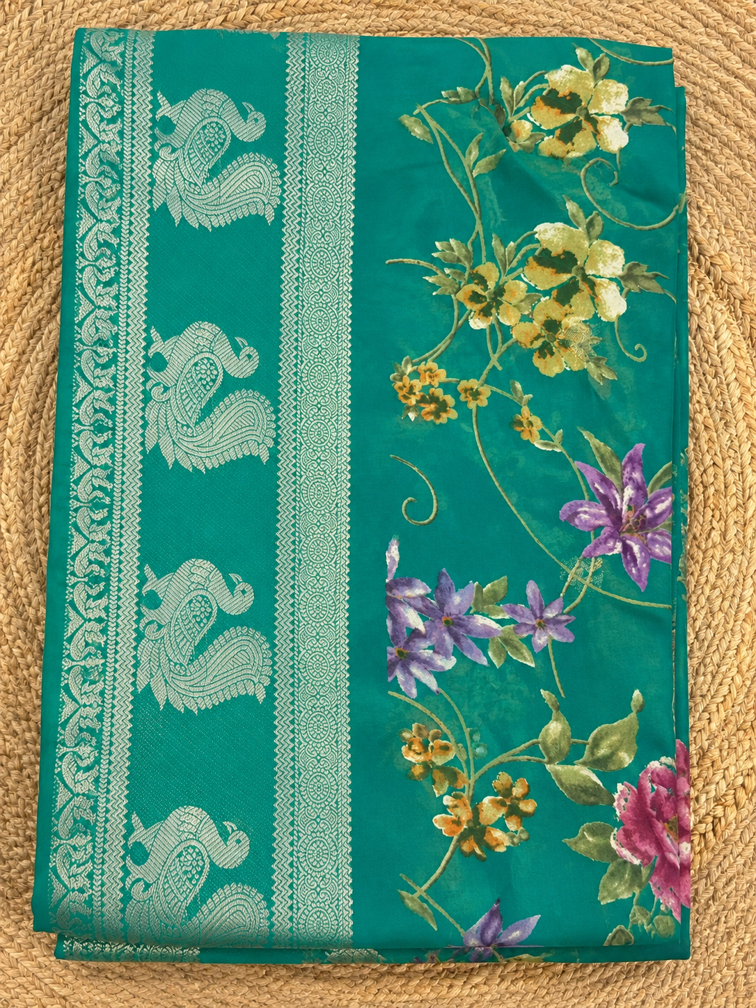 Floral Print Georgette Saree – Teal Green with Silver Woven Border