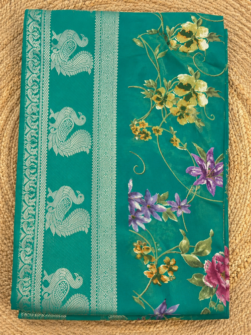Floral Print Georgette Saree – Teal Green with Silver Woven Border