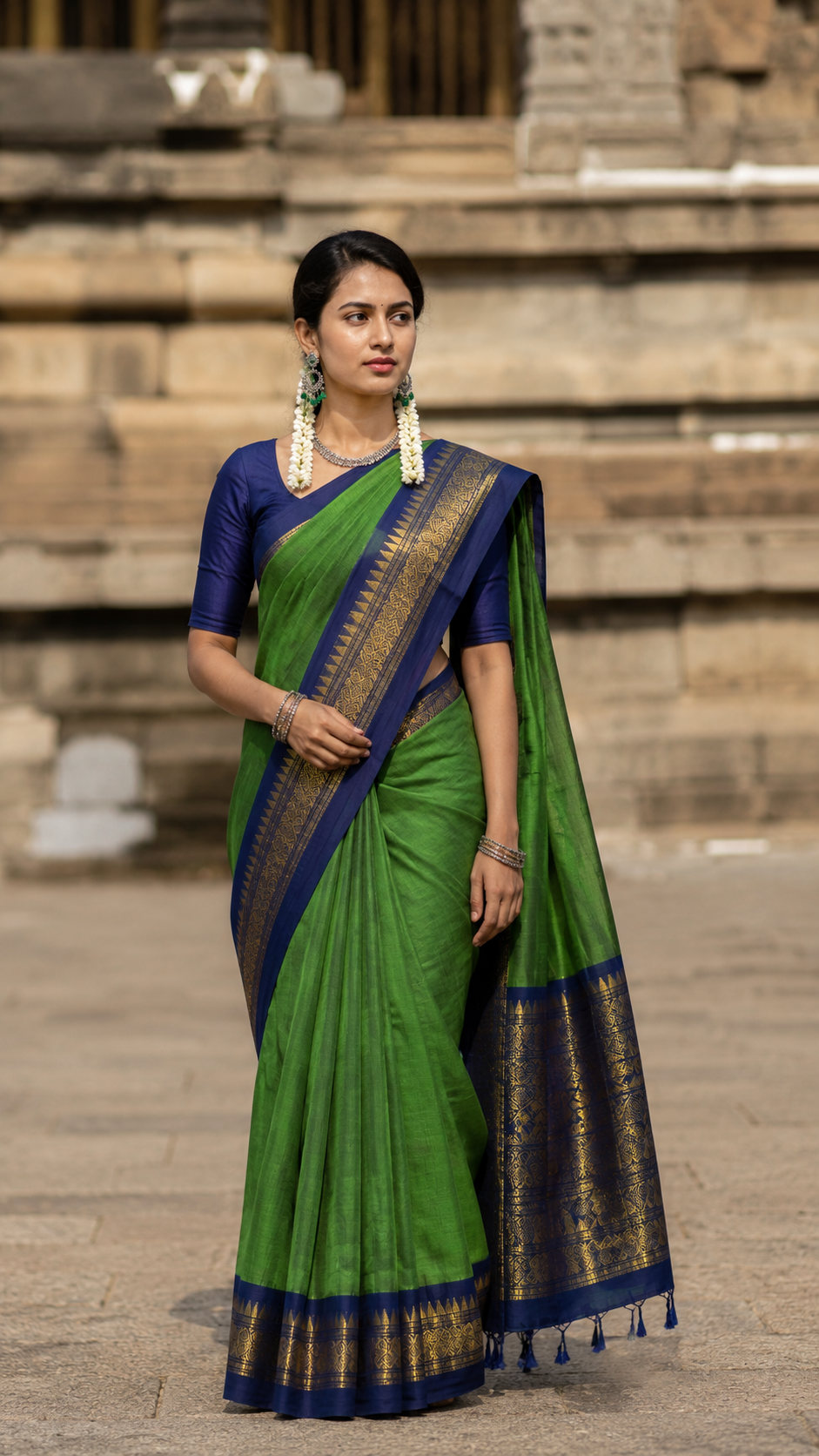 Chettinad Cotton Saree – Green with Navy Blue Zari Border