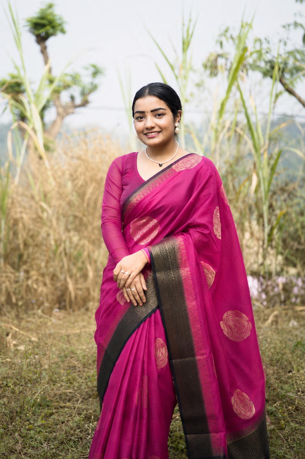 Magenta Banarasi Semi Silk Saree with Zari Floral Motifs