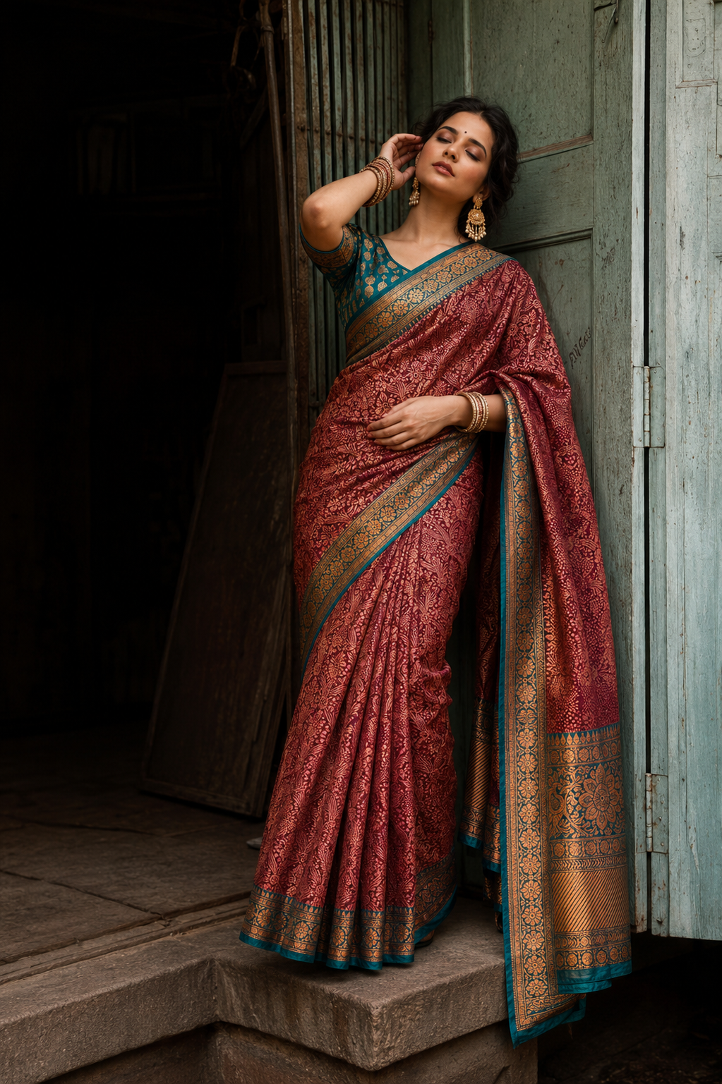 Maroon Banarasi Semi Silk Saree with Teal Zari Border