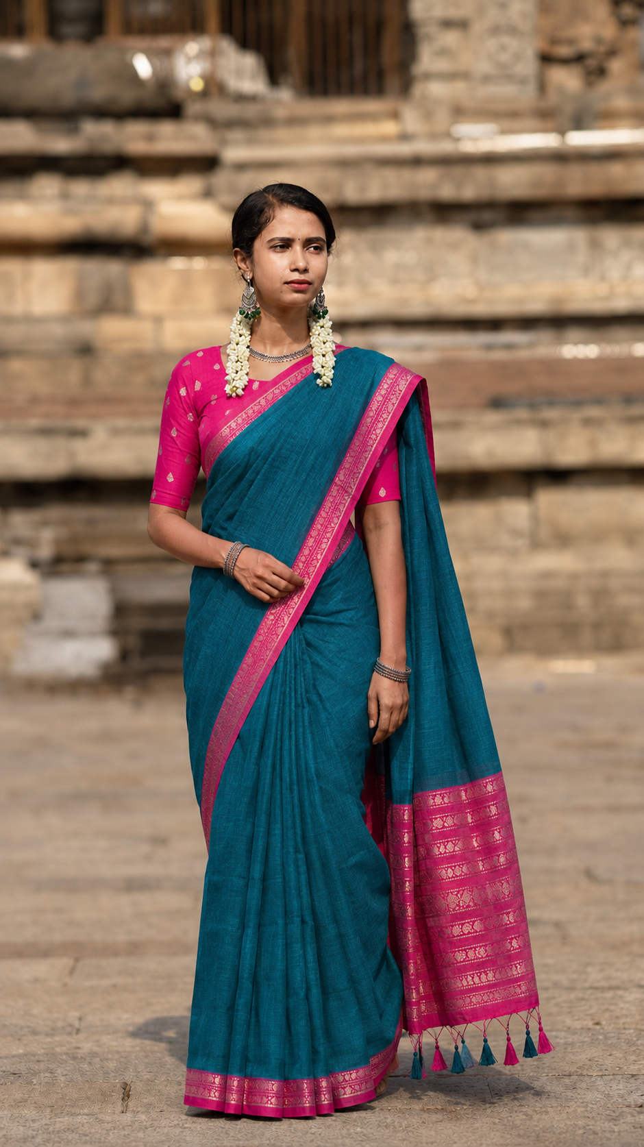 Teal Blue Semi Mysore Silk Saree