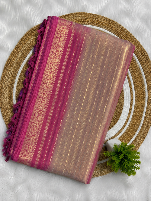 Banarasi Georgette Saree  Brown with Magenta Woven Border