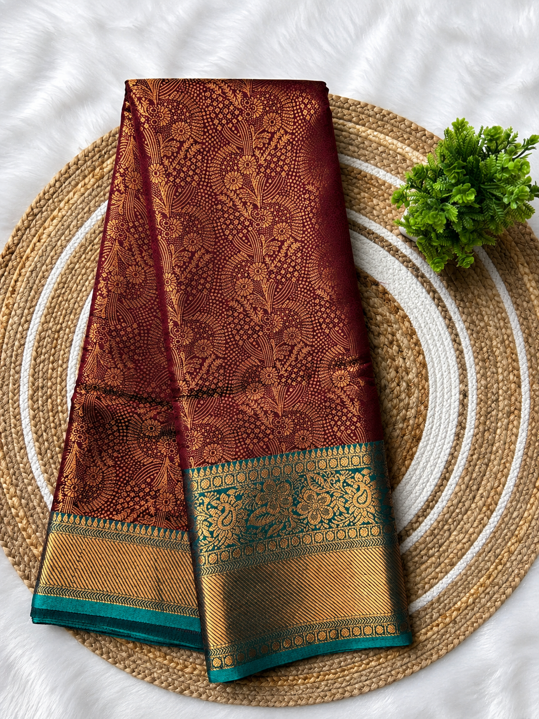 Maroon Banarasi Semi Silk Saree with Teal Zari Border