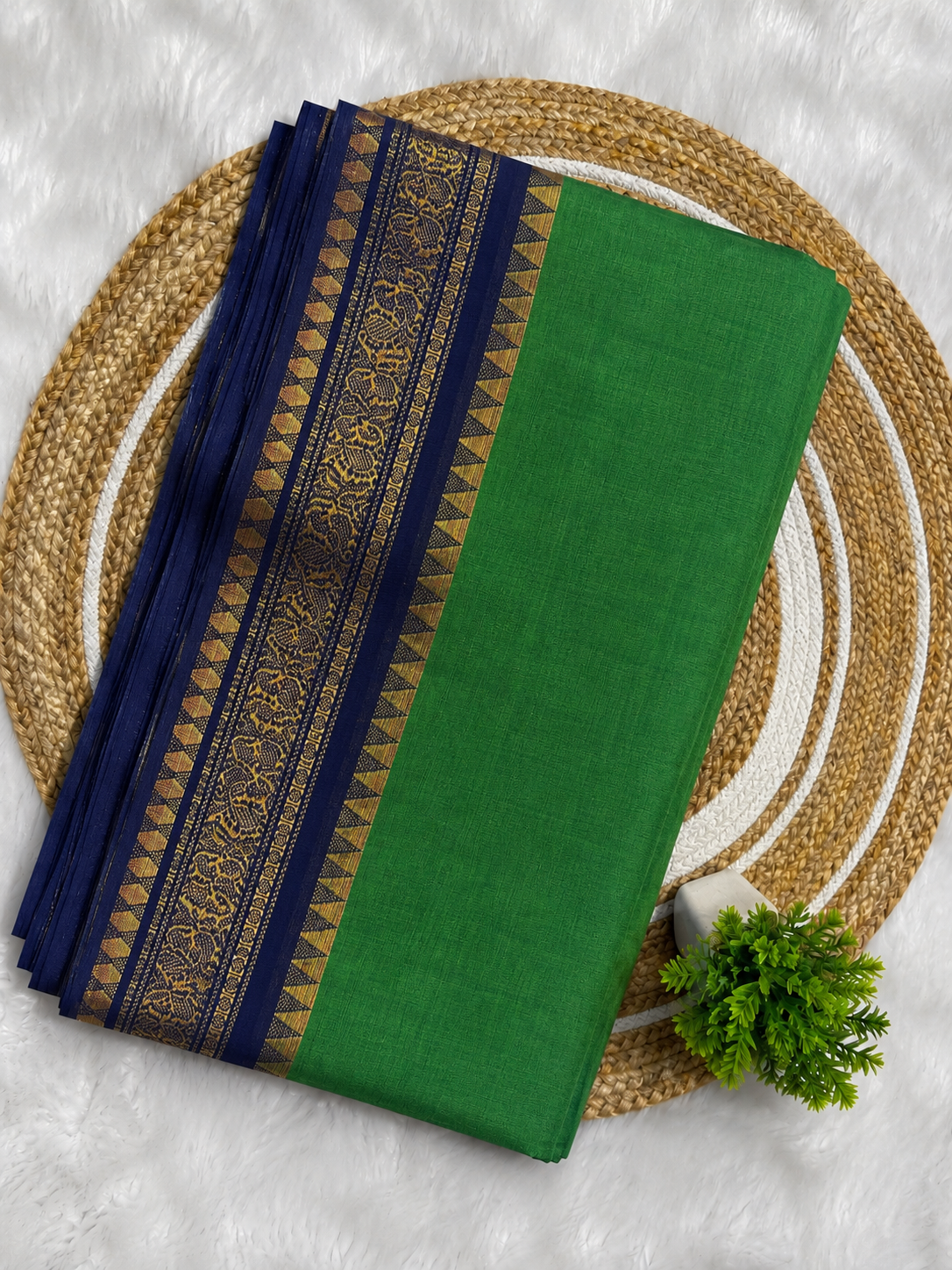 Chettinad Cotton Saree – Green with Navy Blue Zari Border