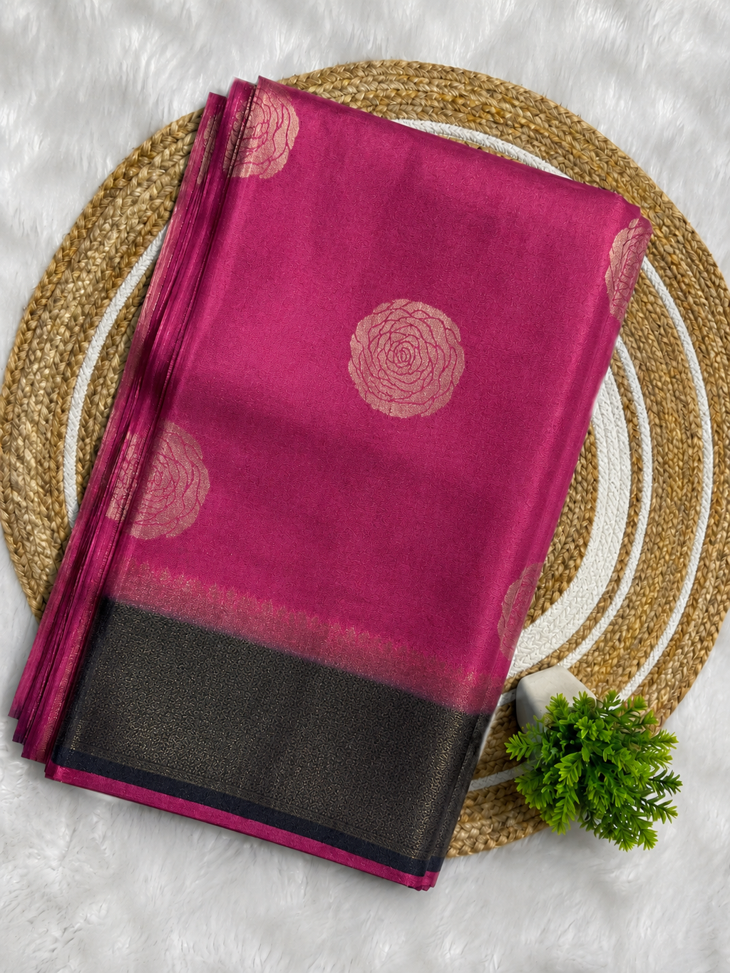 Magenta Banarasi Semi Silk Saree with Zari Floral Motifs
